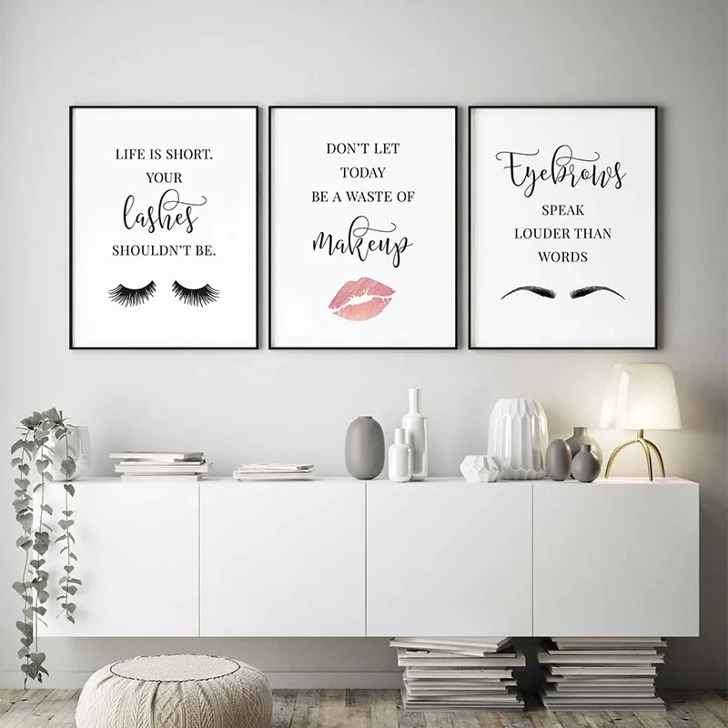 Makeup Is Beauty Quotes - แต่งหน้าคําคมโปสเตอร์Eyelashคิ้วลิปสติกContourริมฝีปากภาพวาดผ้าใบพิมพ์สําหรับร้านเสริมสวยHome Decor