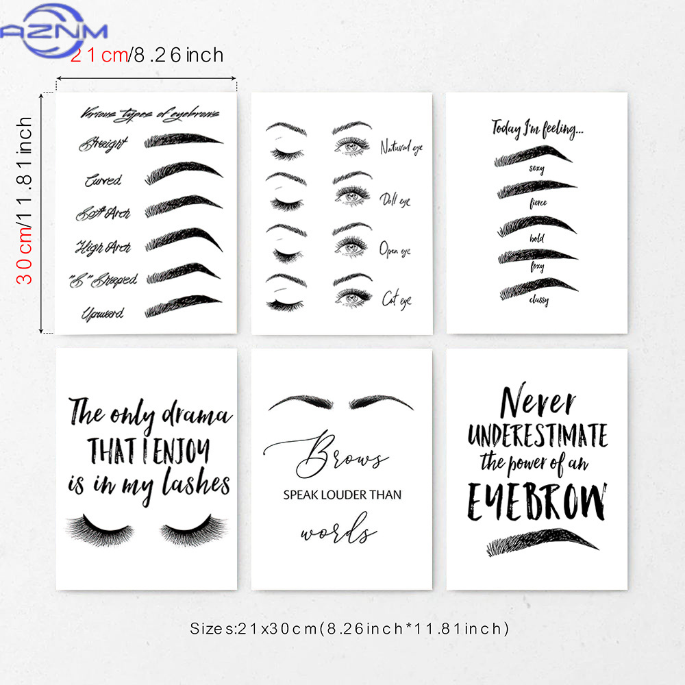Makeup Is Beauty Quotes - ชุดภาพพิมพ์บนผ้าใบลายคิ้วและขนตา 6 ชิ้น โปสเตอร์คำคมเกี่ยวกับความงามสำหรับร้านเสริมสวย ลายขาวดำสไตล์มินิมอลสำหรับตกแต่งห้องนอน
