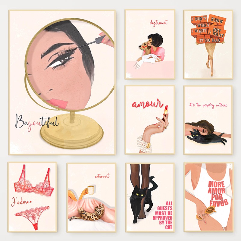Makeup Is Beauty Quotes - Retro Glam แฟชั่นนิตยสารโปสเตอร์สีชมพูหรูหราแต่งหน้าความงามอินเทรนด์ภาพวาดผ้าใบ Wall Art สําหรับ