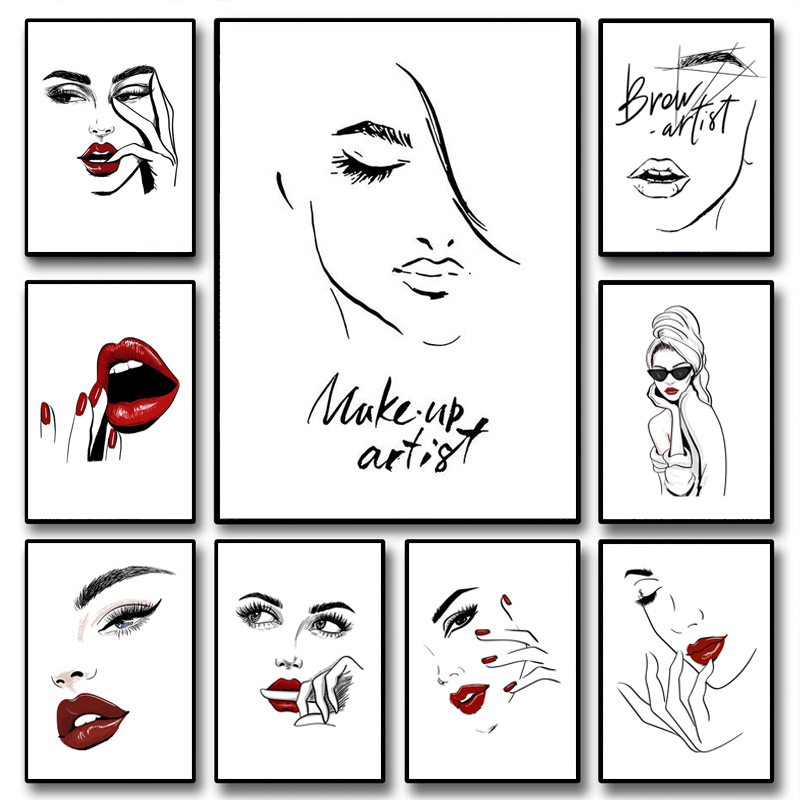 Makeup Is Beauty Quotes - โปสเตอร์แต่งหน้าแฟชั่น ภาพผู้หญิงสวยเซ็กซี่ คำคมศิลปะติดผนัง สไตล์นอร์ดิก ขนตา ริมฝีปากสีแดง