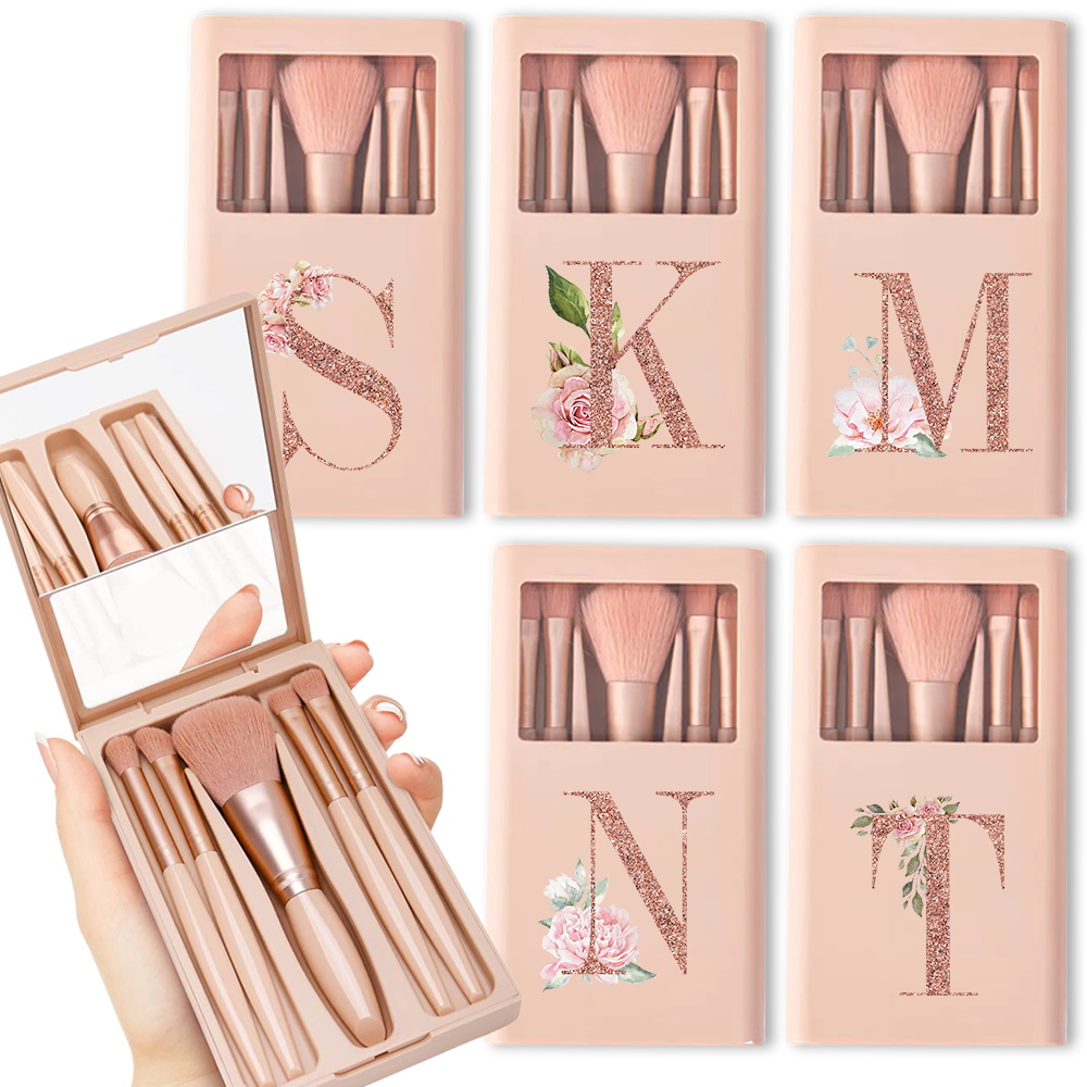 Beauty Makeup Tools Set - ชุดแปรงเครื่องสําอาง 5 ชิ้นพร้อมกระจกและกล่องพับได้ชุดแปรงแต่งหน้าเครื่องมือความงามแบบพกพารูปแบบตัวอักษร Rose Gold