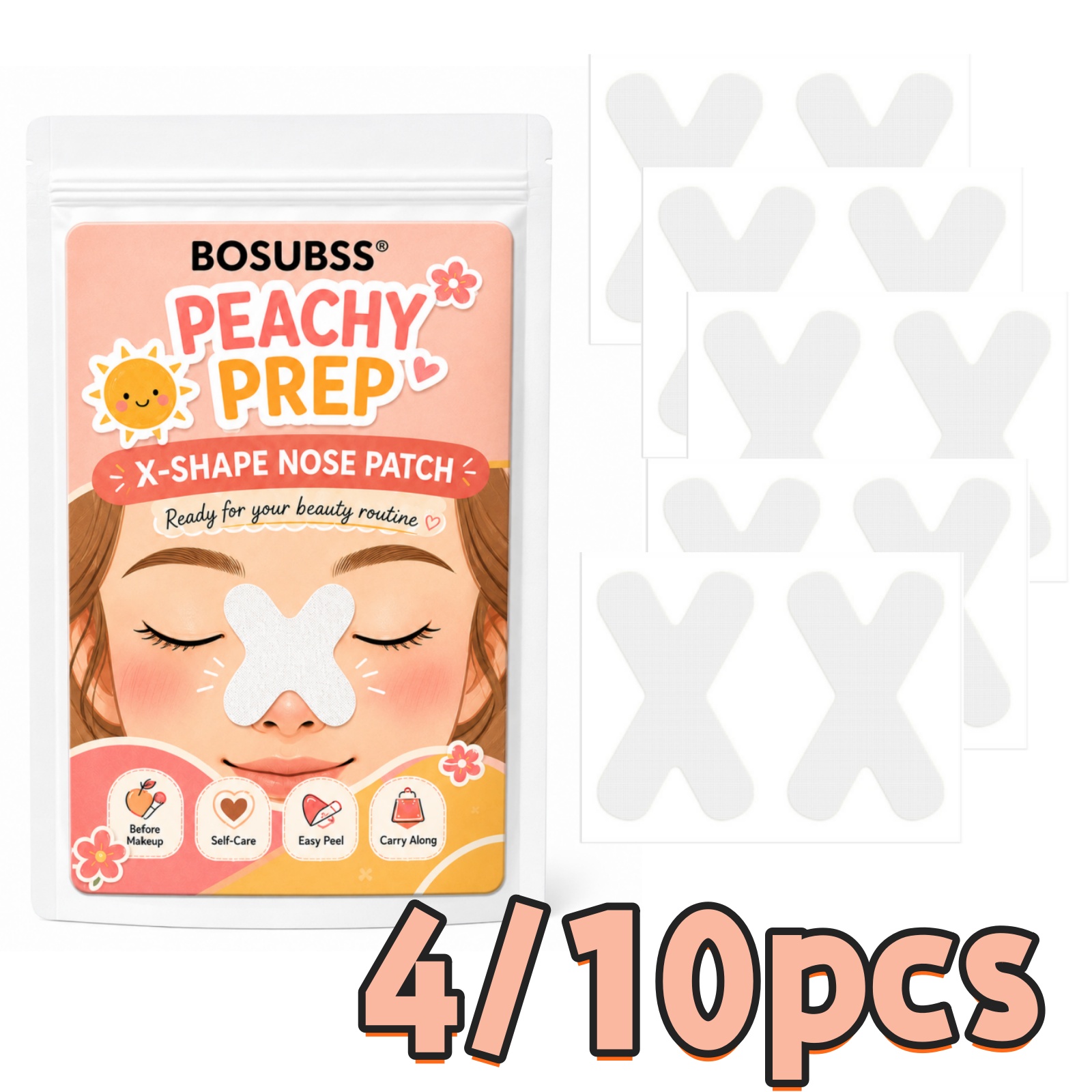 X Beauty Makeup - ชุดแผ่นแปะจมูกรูปตัว X 4/10 ชิ้น, แผ่นดูแลบริเวณจมูก Peachy